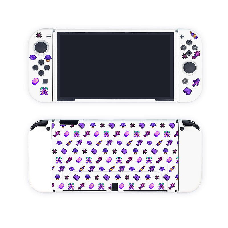 A White Purple Stardew Items Case for Nintendo Switch by petimint, adorned with colorful patterned stickers featuring small, pixelated game icons in blue, purple, and black. The stickers include characters, hearts, stars, and various other cozygamer symbols. The console display is turned off.