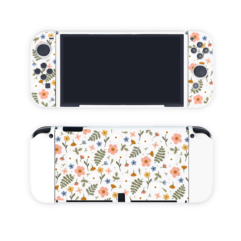 A cozy gamer delight! The petimint Spring Case for Nintendo Switch features a charming floral pattern in shades of pink, orange, and blue, accented with green leaves and small black dots. This beautiful design adorns both the front and back of the console, while the screen remains black and turned off.