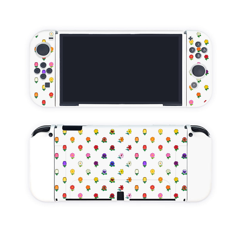 Introducing the petimint Flower Crossing Case for Nintendo Switch, a stylish white gaming console cover with detachable controllers adorned with a vibrant flower pattern. Small, colorful flowers beautifully cover both the front and back of the case and controllers, making it perfect for cozygamers. The screen remains elegantly black, creating a striking contrast.