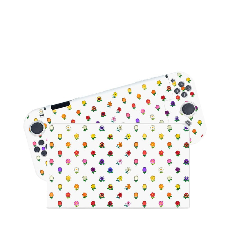 Introducing the Flower Crossing Case for Nintendo Switch by petimint—a cozygamer's dream. This white case is adorned with a vibrant pattern of small, stylized Pikmin characters in various colors and poses, featuring a touchscreen cover and detachable controller covers that replicate the same lively design.