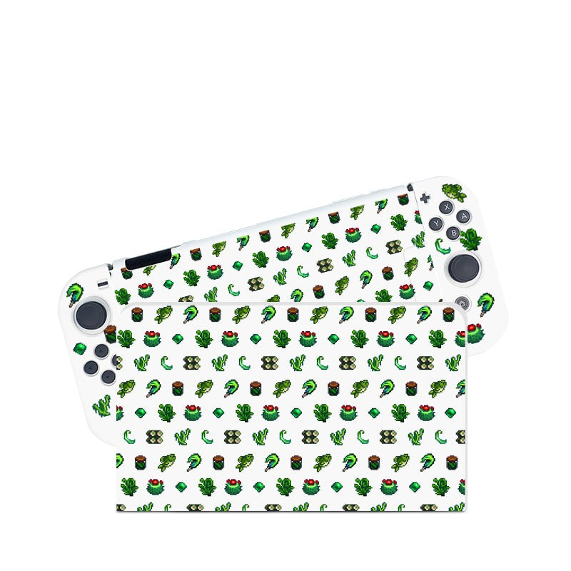 The petimint Green Stardew Items Case for Nintendo Switch showcases a whimsical design with small, colorful cactus and succulent plants against a white background. Perfect for the cozygamer, this case includes buttons and joysticks on either side of the screen while featuring a matching plant pattern on the dock.