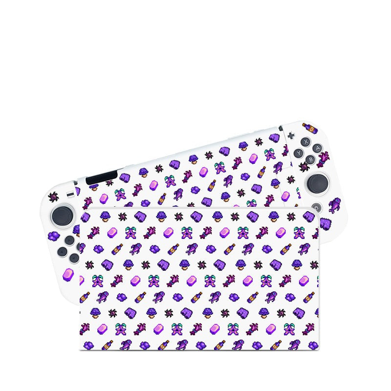 A white petimint Purple Stardew Items Case for Nintendo Switch, along with its base, is adorned with a charming pattern of small, colorful icons including crowns, brooms, and other whimsical items in shades of purple, blue, and gold. Perfect for any cozygamer, the console features joysticks and buttons.