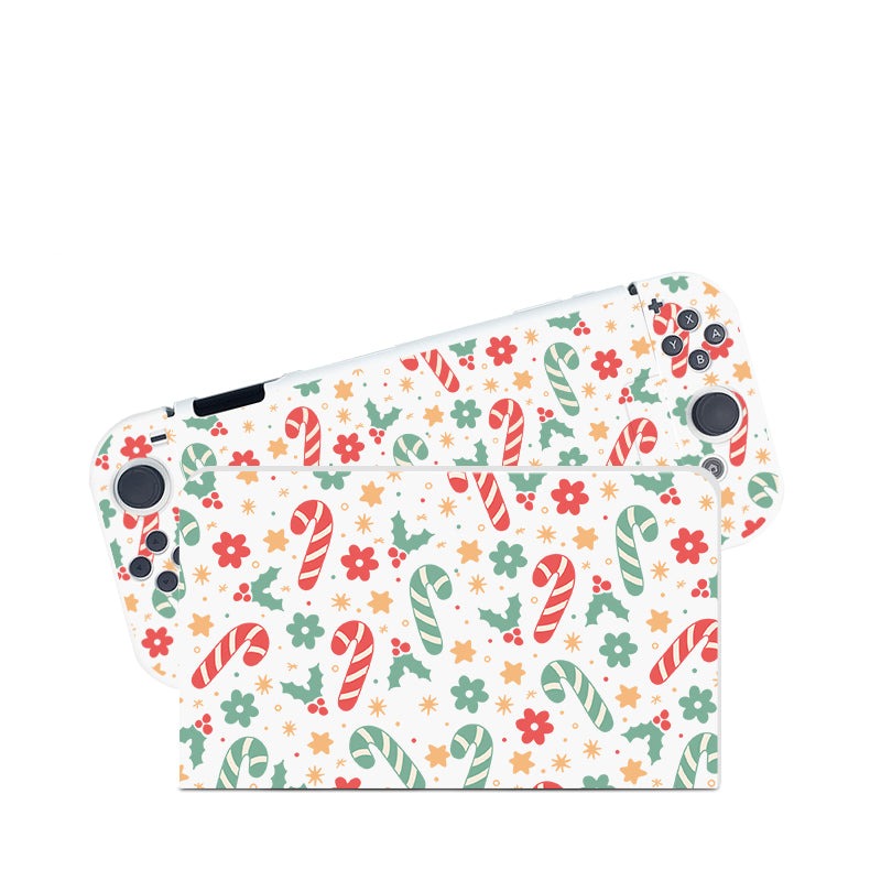 A cozygamer's dream, this Candy Cane Case from petimint beautifully decorates the Nintendo Switch with a festive holiday-themed skin. Adorned with red and green candy canes, stars, and flowers on a white background, the design elegantly wraps both the console and its detachable controllers.