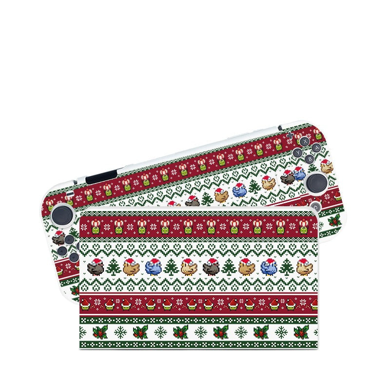 The Stardew Christmas Case for Nintendo Switch by petimint is adorned with a festive holiday-themed skin. The design features rows of pixel art, including characters, snowflakes, holiday trees, and reindeer in traditional red, green, and white. This cozygamer aesthetic captures the charm of a Christmas sweater pattern and is available in a crisp white color.
