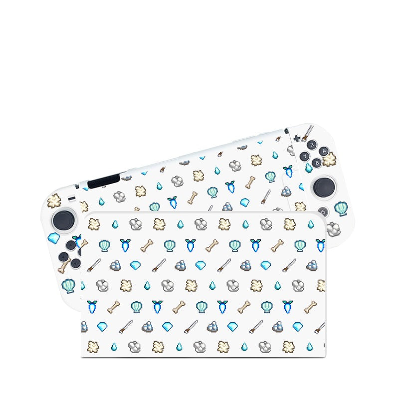 The petimint White Stardew Items Case for Nintendo Switch and its controller are adorned with a vibrant pattern featuring icons like bones, magnifying glasses, dumbbells, and shells. Perfect for any cozygamer setup, this case beautifully matches the white background it rests on.