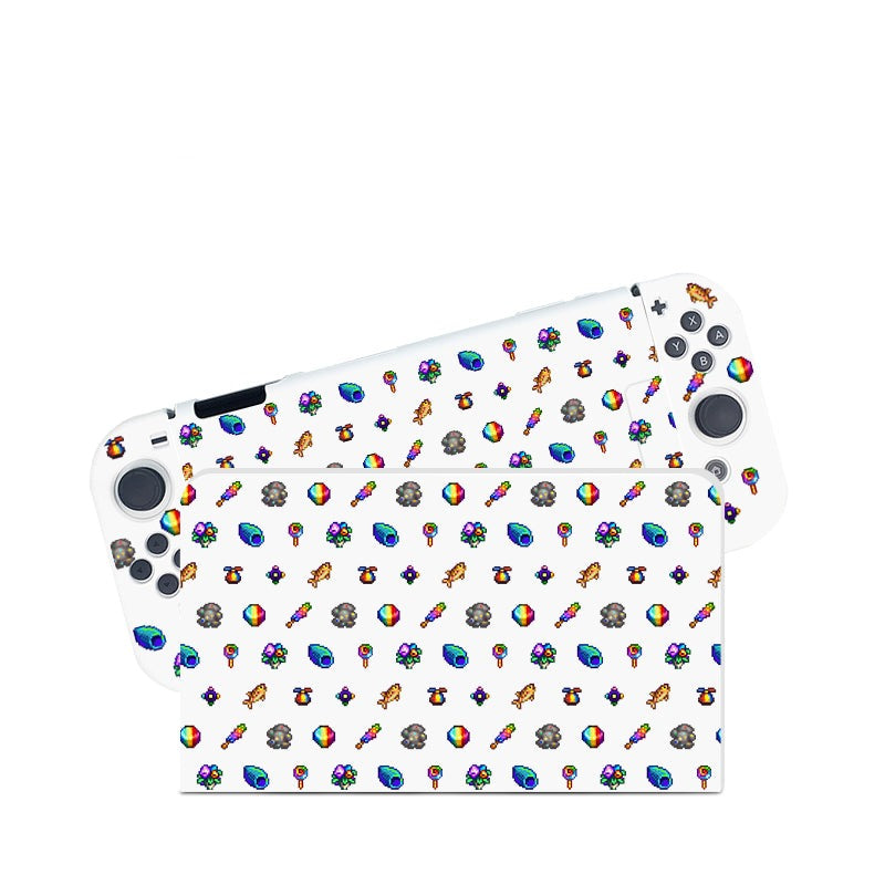 Introducing the Rainbow Stardew Items Case for Nintendo Switch by petimint—a delightfully whimsical accessory featuring vibrant cartoon stickers of mushrooms, flowers, birds, rainbows, and other enchanting designs. This white case showcases the console from both its front and back, with all controls and buttons clearly visible. It's an ideal choice for cozy gamers seeking a touch of charm in their gaming setup.