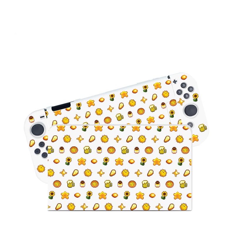The Yellow Stardew Items Case for Nintendo Switch by petimint is a vibrant addition to your gaming setup. This stylish case showcases a pattern of colorful cartoon symbols, including stars, thumbs up, smiley faces, flowers, and various shapes. Designed with the cozygamer in mind, it features two analog sticks and several buttons. The delightful design is mirrored beautifully on both the front and back of the case.