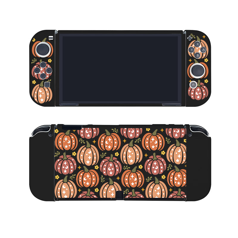 The Pumpkins Case for Nintendo Switch by petimint is an ideal accessory for any Nintendo Switch enthusiast. This black handheld gaming console case is adorned with a Halloween-themed design featuring orange and brown pumpkins with star patterns and green leaves, covering both the front and back of the console.