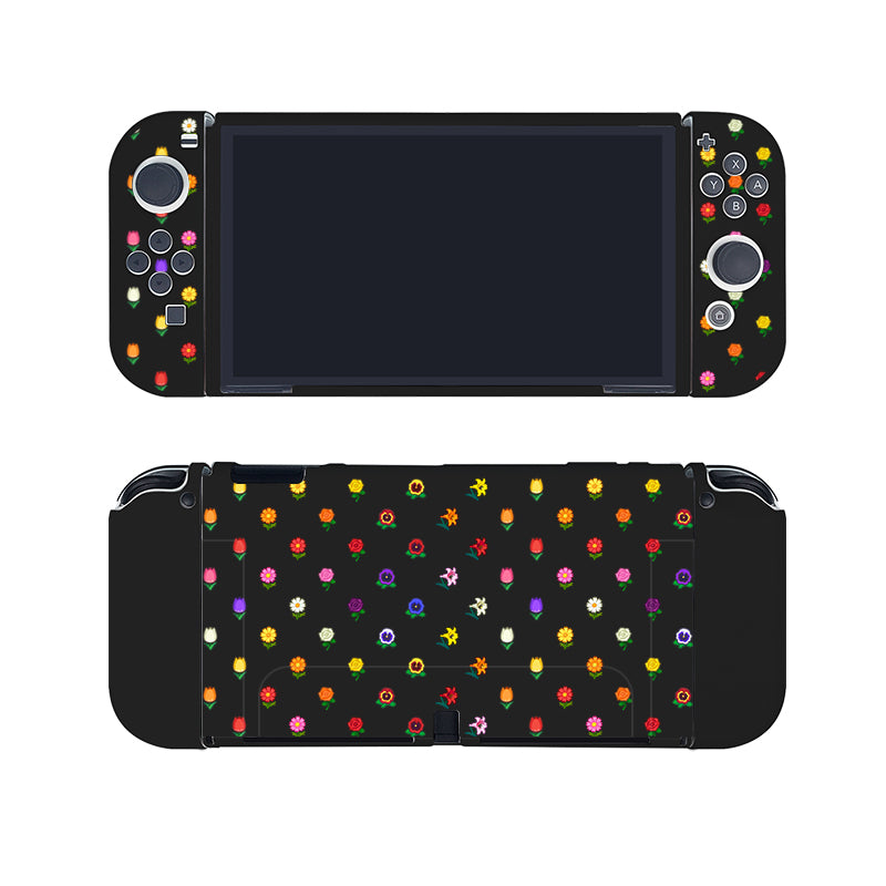 Top and bottom view of a handheld gaming console adorned with the Flower Crossing Case from petimint. The colorful floral patterns stand out against the black background of the case, covering both front and back panels, making it the perfect accessory for any gamer who loves stylish protection for their Nintendo Switch.