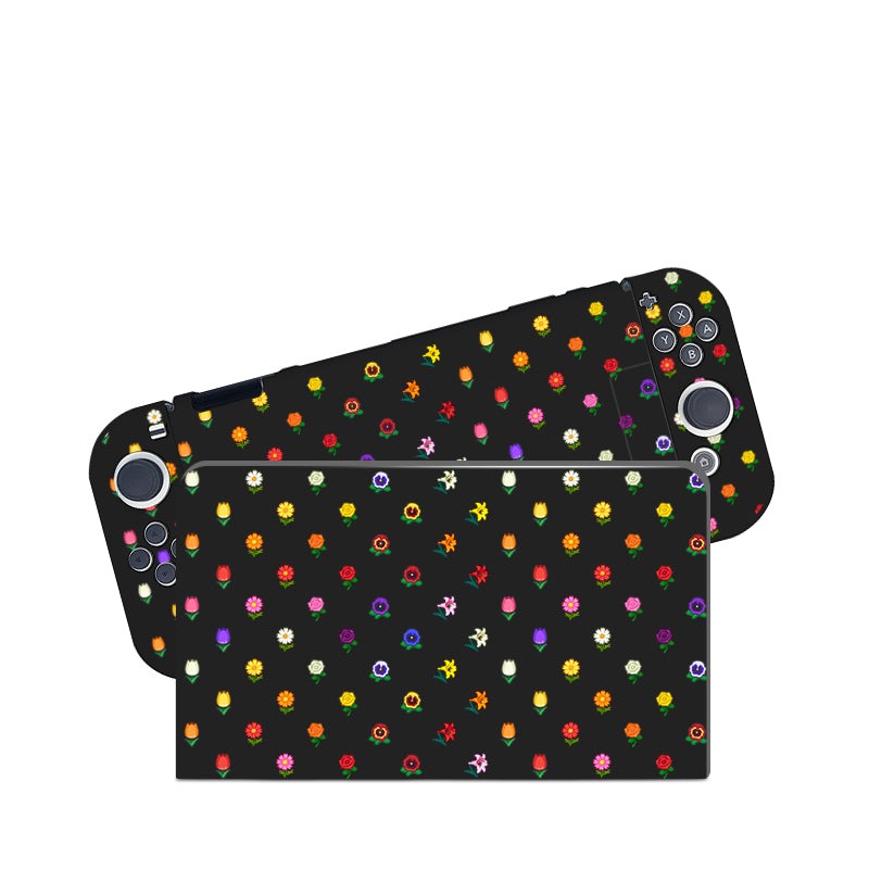 Introducing the Flower Crossing Case for Nintendo Switch by petimint—a must-have for any cozygamer. This chic accessory features an all-over pattern of small, colorful flowers on a black background and fits your handheld gaming device perfectly. The right side includes various buttons and a joystick, seamlessly blending style with functionality.