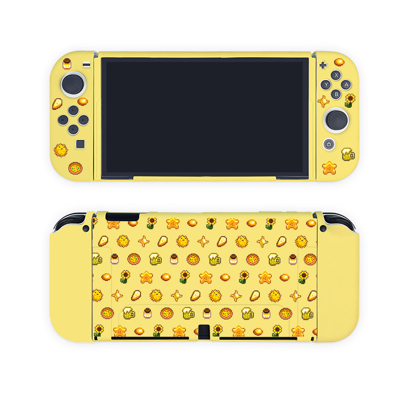 The Yellow Stardew Items Case for Nintendo Switch by petimint. This cheerful yellow case features a sunflower-themed skin, with the front showcasing the screen and button setup. The back is adorned with various sunflower and leaf icons, making it a perfect addition to any gamer's handheld device, adding a bright touch to their gameplay experience.
