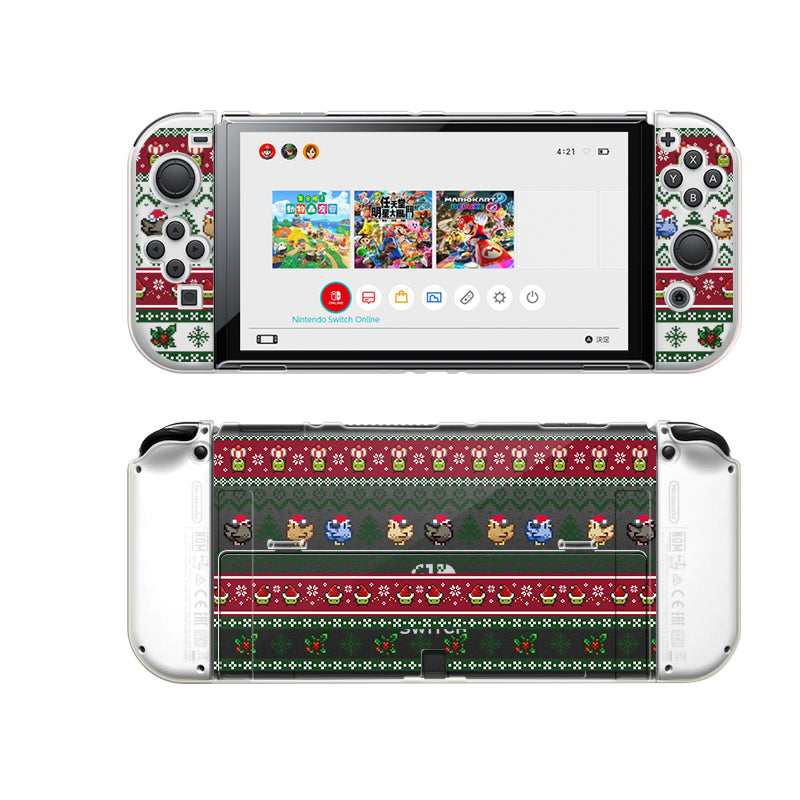A handheld gaming console, possibly a Nintendo Switch, adorned with a festive Stardew Christmas Case from petimint. The clear case showcases red, green, and white holiday-themed patterns. The front screen displays a gaming menu with various icons while the back reveals colorful characters dressed in cheerful holiday sweater attire.