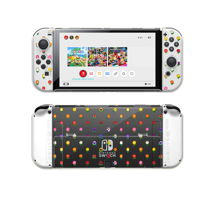 A petimint Flower Crossing Case for Nintendo Switch, which is clear with a colorful floral pattern, is shown from both the front and back. The front display features the home screen with game icons and menu options. Perfect for any cozygamer, this decorative case adds a vibrant touch to the device.