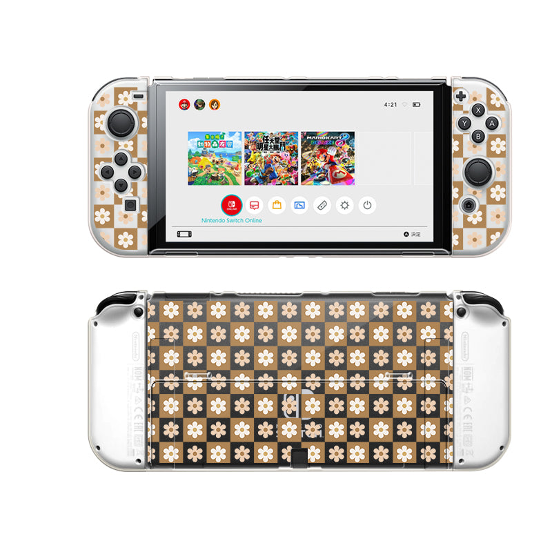 A Nintendo Switch console displaying a game selection screen. The console is adorned with the petimint Cozy Checkered Flowers Case for Nintendo Switch, featuring detachable Joy-Con controllers with a flower and checkered pattern design in a mix of beige and white colors. It is complemented by a soft TPU material dockable case in clear color. The image showcases both the front and back views of the device.
