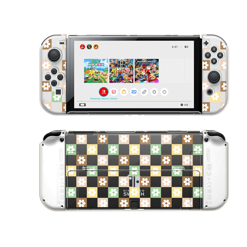 The Checkered Seasonal Flowers Case for Nintendo Switch by petimint offers a cozygamer dream: a handheld gaming console adorned with a charming clear floral-themed skin. The main menu shines brightly on its screen, surrounded by a delightful checkered pattern featuring various colored flowers in each square. The back of the console showcases the same appealing design, making it irresistible to any gaming enthusiast.