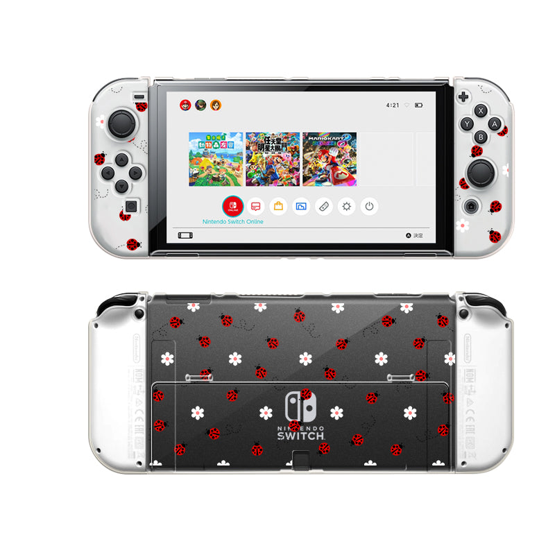 A Nintendo Switch console adorned with a **Little Ladybug Case by petimint** features a cozygamer design showcasing ladybugs and flowers. Both the Joy-Con controllers and the back of the console are decorated with red ladybugs and small white flowers set against a dark background. The home screen is displayed on the screen.