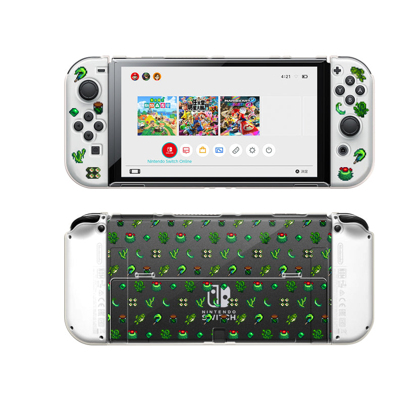 An image of a Nintendo Switch console in the petimint Green Stardew Items Case, featuring custom green and black cactus-themed decals. The screen displays the home menu with various game icons, including Super Mario Odyssey and Mario Kart 8 Deluxe. Ideal for the cozygamer, even the back showcases a matching green and black cactus pattern.