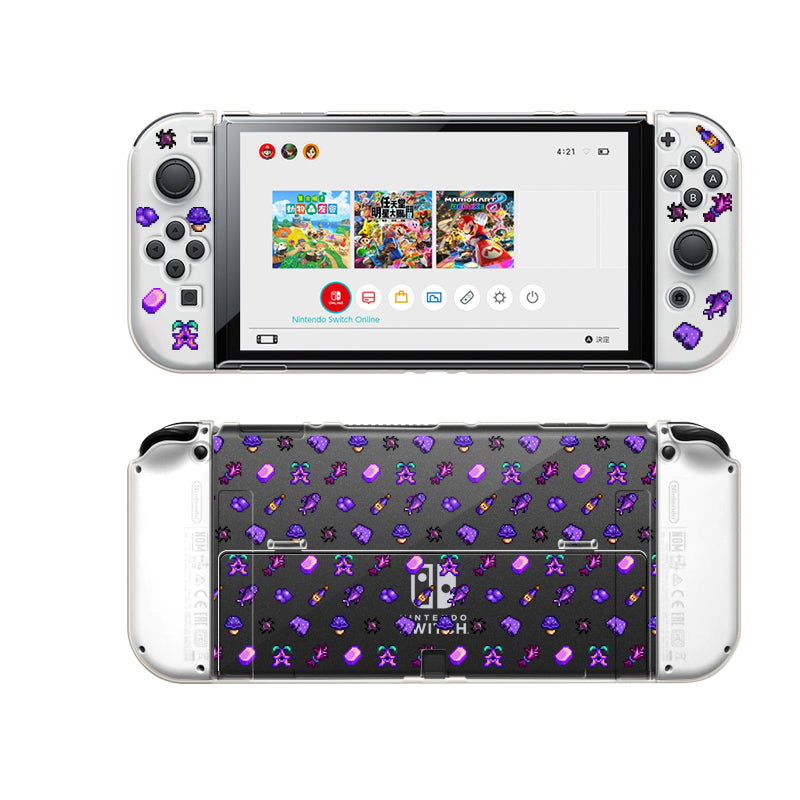 Front and back view of a customized Nintendo Switch console with Joy-Con controllers. The Joy-Cons showcase a white base complemented by purple buttons and icons, while the back of the console features a black base decorated with small purple icons. Perfect for any cozygamer, the screen displays game icons and home menu in this stylish Purple Stardew Items Case for Nintendo Switch by petimint in Clear color.
