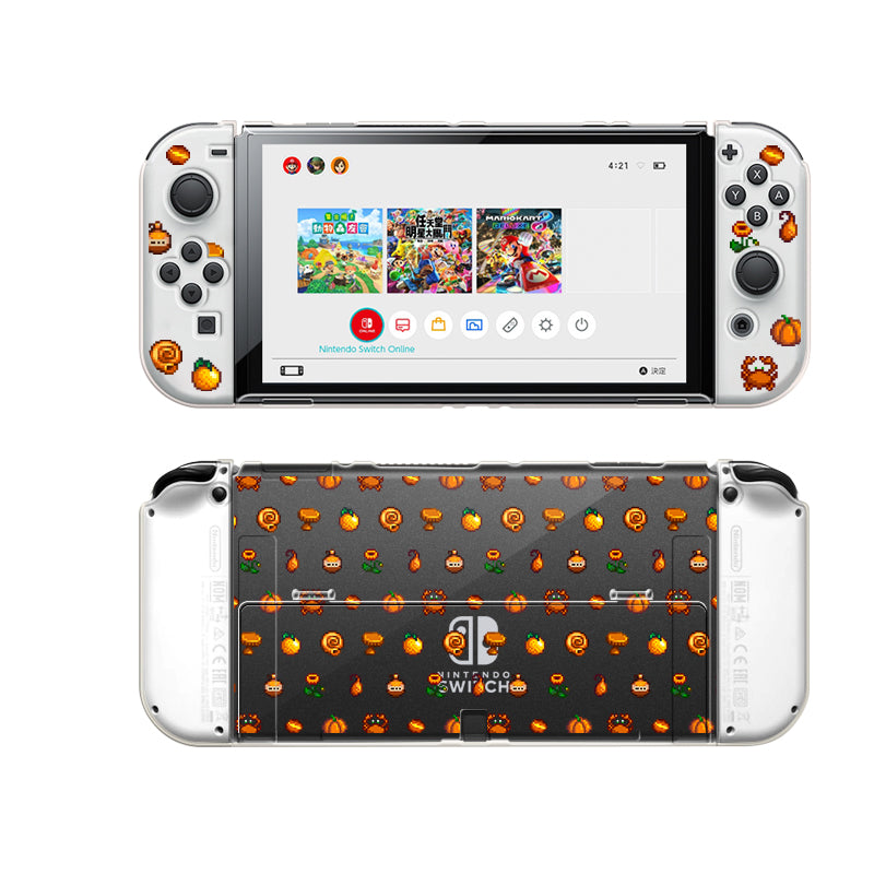 An Orange Stardew Items Case for the Nintendo Switch, made by petimint, featuring a clear design with festive Halloween-themed decorations. The Joy-Cons and the back of the case showcase orange pumpkins and ghost patterns set against a transparent background. Perfect for any gamer, this case adds a spooky touch to your console while still allowing you to see your gaming setup clearly.
