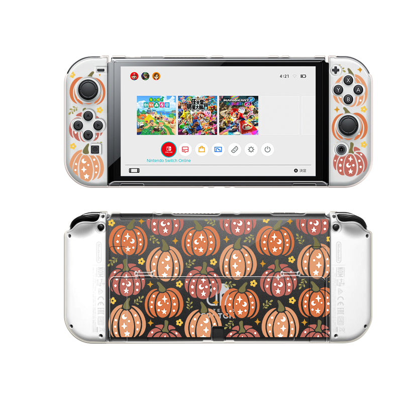 Introducing the Pumpkins Case for Nintendo Switch by petimint! This clear case features a delightful Halloween-themed design with orange and white jack-o'-lanterns and fall leaves. Perfect for cozy gamers, it showcases intricate patterns of pumpkins and leaves on both the front where you can see your home menu with game icons, and the back.