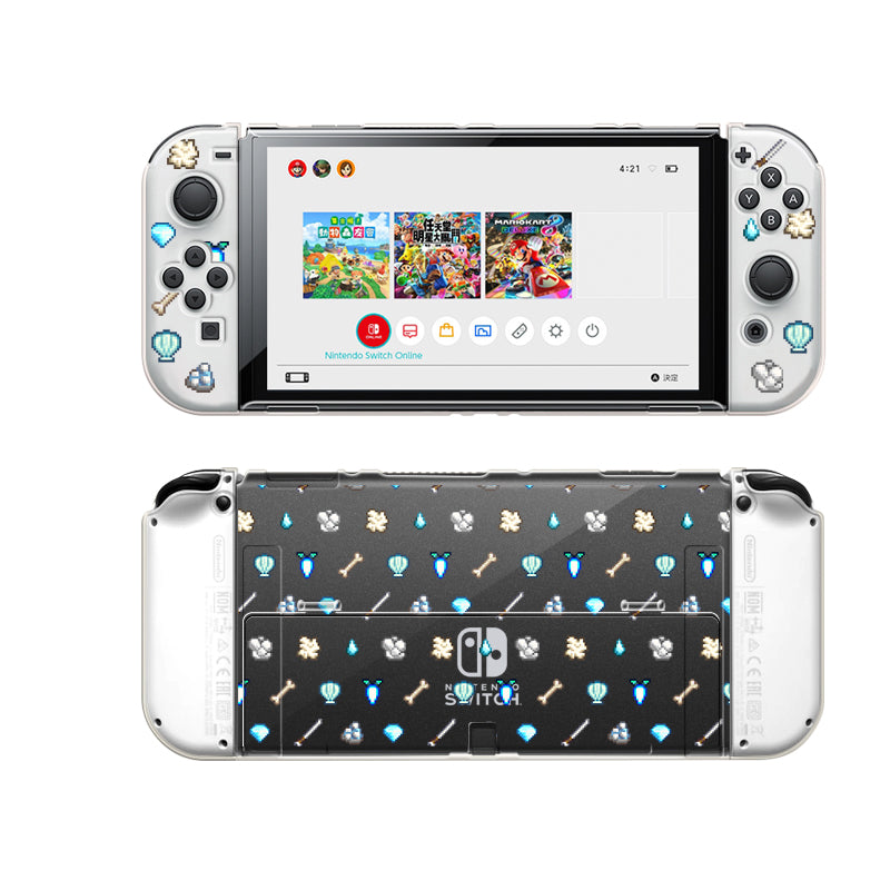 A White Stardew Items Case for Nintendo Switch, with customized clear Joy-Cons featuring various Stardew Valley icons, perfect for the cozygamer. The display shows the main menu with game icons, while the back is adorned with a transparent cover highlighted by a pattern of small, colorful graphics. This case from petimint ensures that your console reflects your love for cozy gaming.