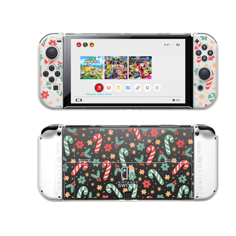 A Nintendo Switch equipped with Joy-Con controllers, adorned in a holiday-themed Candy Cane Case by petimint. The front view presents the console screen displaying a few game icons, while the back view showcases the festive clear case that features candy canes and star patterns in green, red, and white hues.