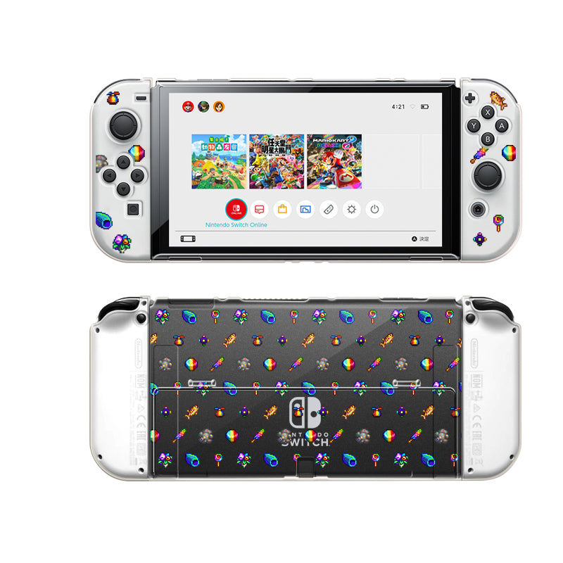 A Nintendo Switch console encased in a Rainbow Stardew Items Case by petimint, featuring colorful gem and flower designs, is shown. The front screen displays the home menu with several game icons, while the back of the console showcases the same vibrant pattern. This clear case is perfect for any cozygamer looking to personalize their gaming gear.