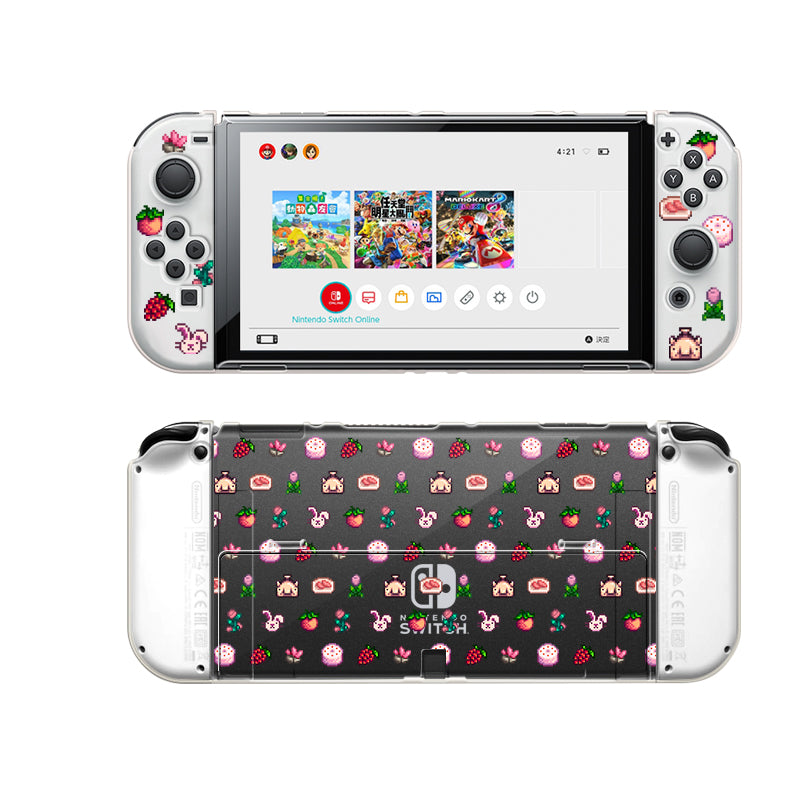 A Nintendo Switch adorned with a petimint Pink Stardew Items Case, featuring decorated white Joy-Con controllers with charming strawberry and cute animal graphics. The screen displays the home menu. Perfect for a cozy gamer, the back of the console also showcases a black and gray pattern of the same delightful graphics through its clear cover.