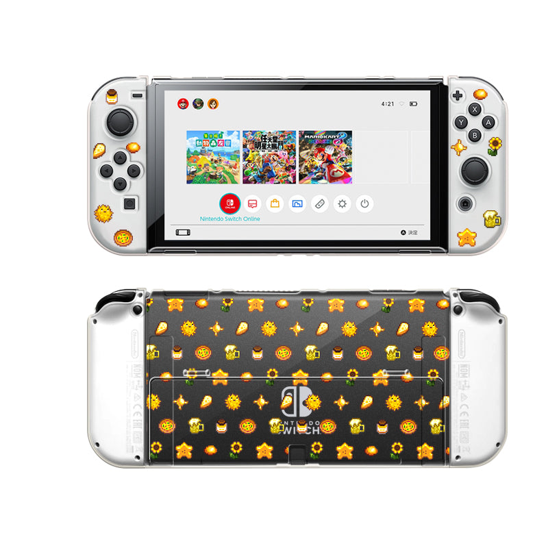 An image of a customized Nintendo Switch console, featuring the Yellow Stardew Items Case by petimint. The clear case is adorned with charming sunflower-themed designs on both the front and back, making it an ideal choice for any gaming enthusiast. The screen displays a menu with game icons. The Joy-Cons and case showcase sunflowers and leaves against a white and black background.