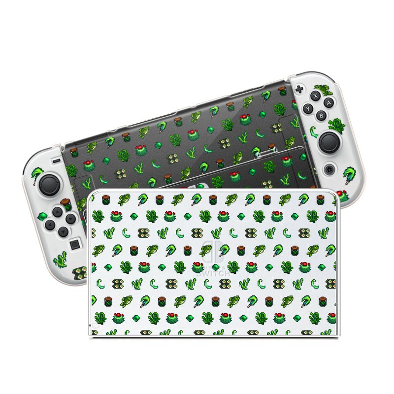 Two petimint Green Stardew Items Cases for Nintendo Switch adorned with small green patterns. The top case features patterns on a clear background, showcasing various green plants and animals. The bottom case presents a similar design on a white background. Both cases, perfect for any Nintendo Switch setup, provide excellent protection while maintaining access to buttons and joysticks.