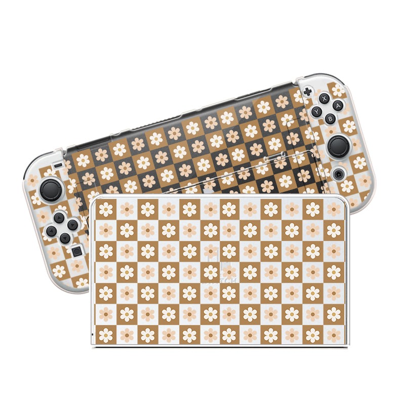 Introducing the Cozy Checkered Flowers Case for Nintendo Switch by petimint: a clear handheld gaming console case featuring detachable controllers adorned with a charming checkered pattern of brown, beige, and white squares, each containing a delicate white flower. This stylish design is seamlessly extended to the Switch grip case, combining both aesthetics and functionality in one sleek package.