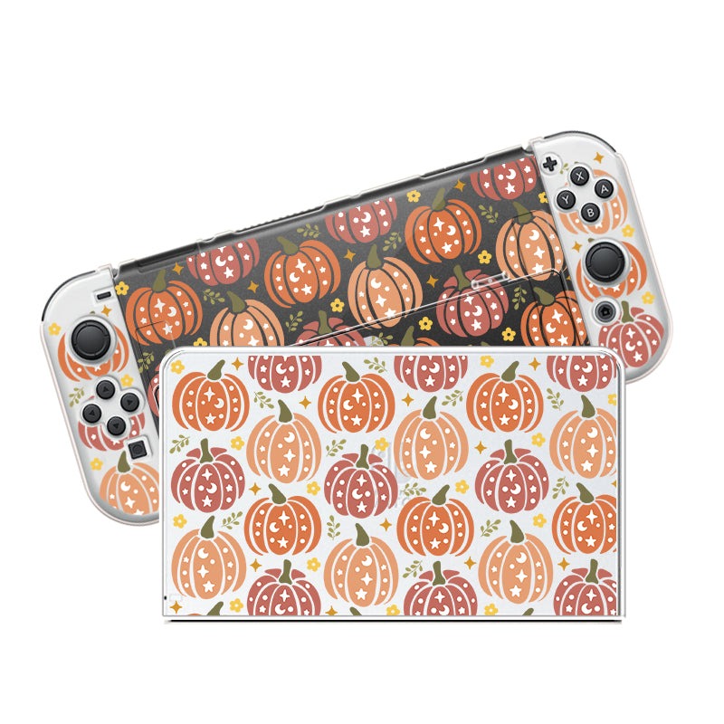 The petimint Pumpkins Case for Nintendo Switch features a vibrant, cozygamer-inspired design with pumpkins in shades of orange, pink, and yellow. Some pumpkins are adorned with star and leaf accents, all set against a white and dark backdrop, making it the perfect accessory for your gaming console and its dock.