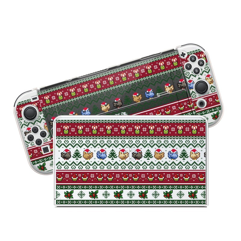 The Stardew Christmas Case for Nintendo Switch by petimint is the perfect accessory for cozy gamers looking to celebrate in style. This clear case, decorated with festive pixel art featuring colorful birds, snowflakes, and Christmas trees arranged in red, white, and green patterns, will add a holiday-themed touch to both your gaming console and its dock.