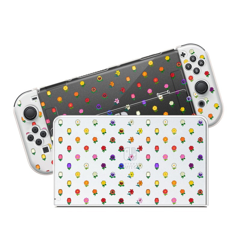 The Flower Crossing Case for Nintendo Switch by petimint features a detachable controller and docking station, both embellished with a colorful pattern of small flowers in vibrant shades of red, yellow, purple, and orange. This playful and lively design stands out like stylish apparel.
