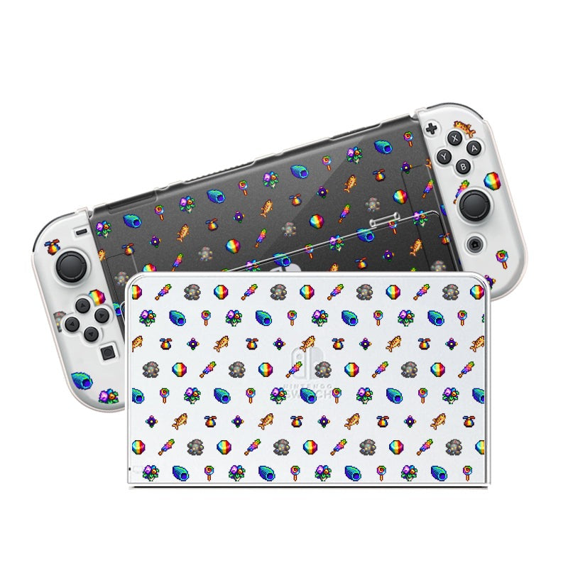 The Rainbow Stardew Items Case for Nintendo Switch by petimint features a clear, decorative design with colorful stickers of rainbows, planets, and clouds. Shown out of the dock and tilted to display both the front and back sides with the same delightful theme, it's perfect for any cozygamer seeking to add a personal touch.