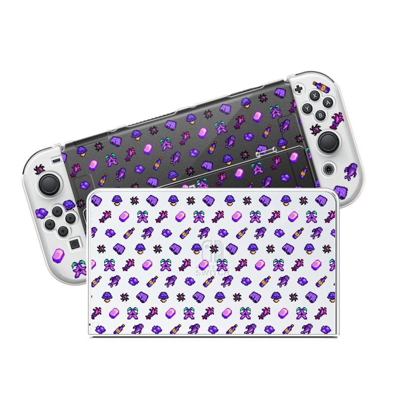 Two Nintendo Switch units displayed, each featuring the Purple Stardew Items Case by petimint. The clear cases are adorned with a colorful pattern of various small icons, including skulls, lightning bolts, and treasure chests against purple, white, and black backgrounds. Both consoles have matching intricate designs reminiscent of vibrant gaming apparel styles.