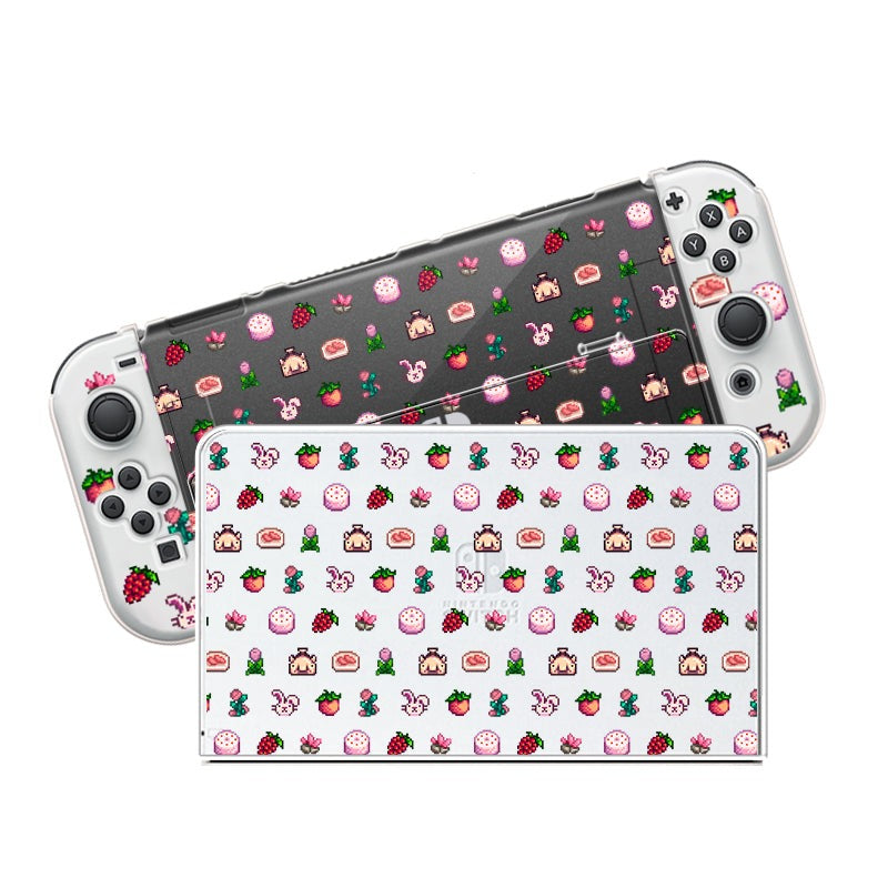 The Pink Stardew Items Case for Nintendo Switch by petimint boasts a whimsical-themed design featuring small, vibrant illustrations such as strawberries, animal faces, flowers, and mushrooms. The case on the top has a darker background while the one below is lighter in color. Both cases come with attached controllers that perfectly complement their playful design.