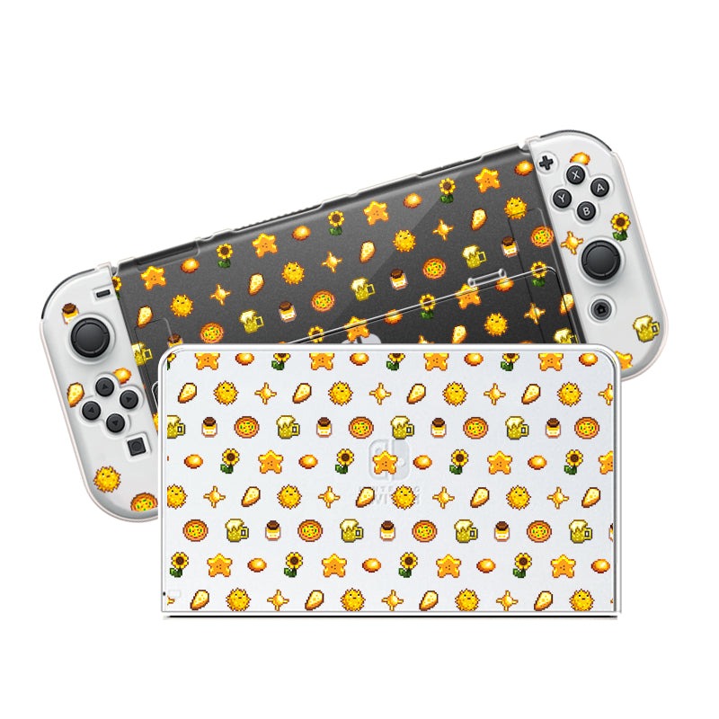 A handheld gaming console case by petimint for the Nintendo Switch, featuring custom covers adorned with a whimsical pattern of yellow suns, fried eggs, candy, and flowers set against a white background. Dubbed the Yellow Stardew Items Case, this clear accessory is ideal for the cozy gamer. The case is displayed from both front and back angles to showcase its playful and colorful design.