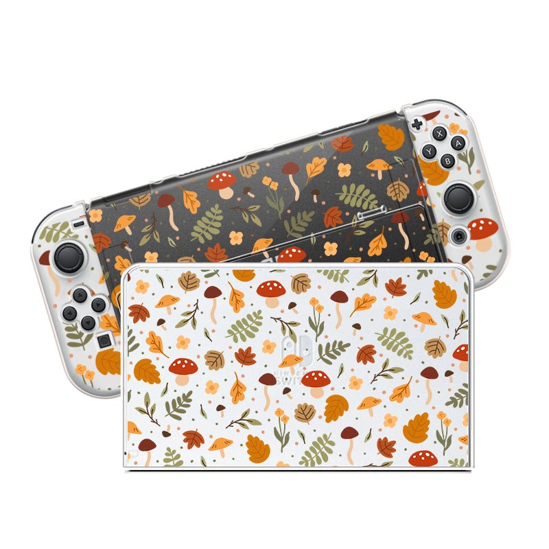 Introducing petimint's Cozy Autumn Case for Nintendo Switch—a video game console accessory with a whimsical autumn-themed design. It features leaves, mushrooms, acorns, and berries in shades of orange, brown, green, and yellow on white and dark backgrounds. This set includes a Dockable Case crafted from Soft TPU for added durability and comfort while playing.