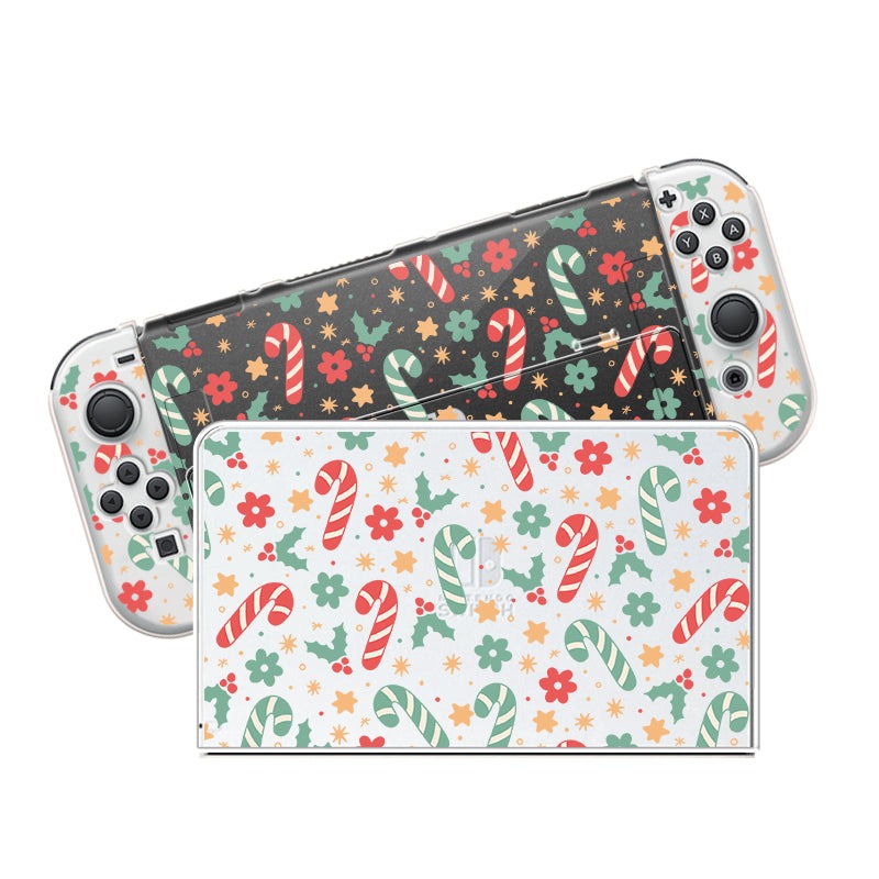 The Candy Cane Case for Nintendo Switch by petimint is adorned with a festive pattern featuring candy canes and flowers. The case has a clear background that showcases the vibrant, colorful design, making it perfect for the cozygamer looking to add a touch of cheer to their gaming setup.