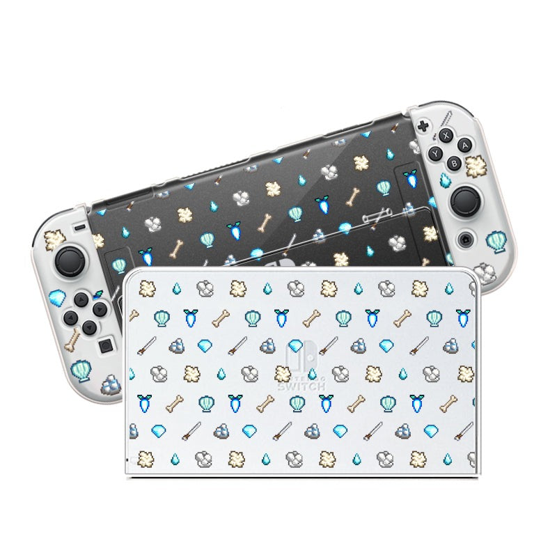 Introducing the White Stardew Items Case for Nintendo Switch by petimint. This clear case is adorned with a cozygamer design featuring charming images of shells, fossils, leaves, and other game-related icons in pastel colors—perfect for any gaming enthusiast.