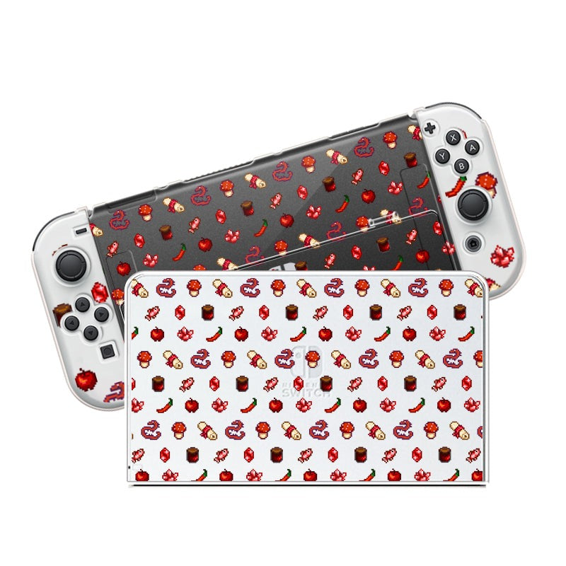 Handheld gaming console skins with colorful chili pepper-themed designs, perfect for any cozygamer. The top console showcases a dark background with red chili patterns, while the bottom console boasts a white backdrop featuring the same fiery design. Ideal gamer apparel for your devices! For Nintendo Switch enthusiasts, the "Red Stardew Items Case" by petimint offers a clear and stylish option.