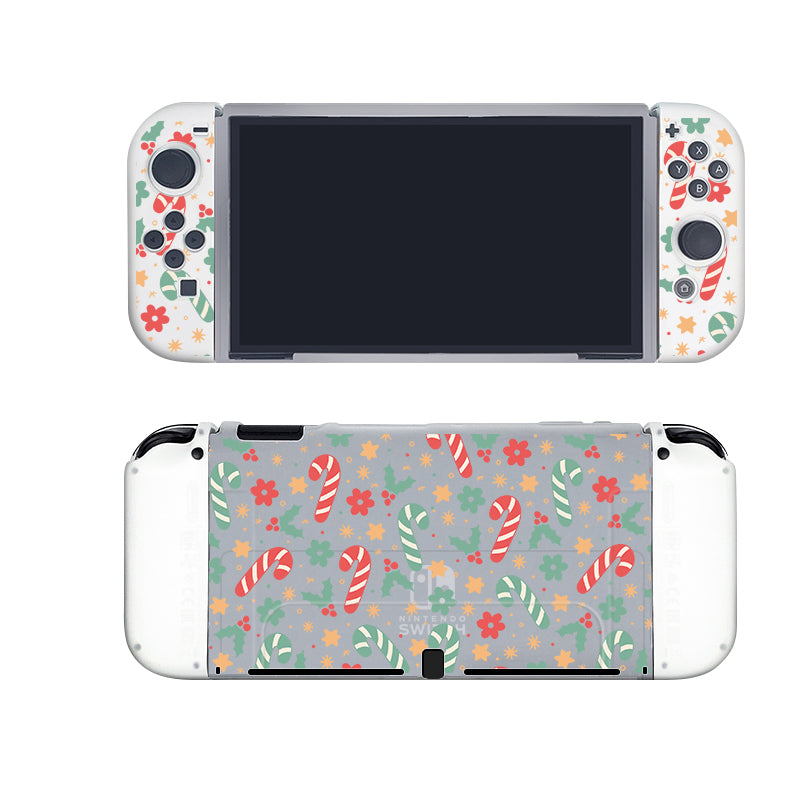 The semi-clear Candy Cane Case for Nintendo Switch by petimint features delightful floral and candy cane patterns on both its front and back covers. The front buttons and screen are adorned with festive designs in green, red, and orange, while the back displays a matching pattern of candy canes and flowers on a gray background, making it an ideal choice for any gamer.