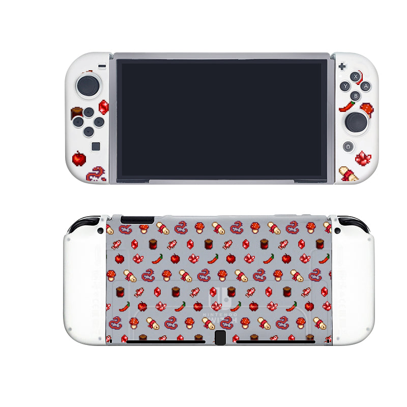The Red Stardew Items Case for Nintendo Switch by petimint is a semi-clear handheld gaming console case, perfect for the cozygamer. Shown from the front and back, it features a variety of pixel art designs of food items such as mushrooms, cupcakes, and drinks in red, gray, and black colors across both surfaces.