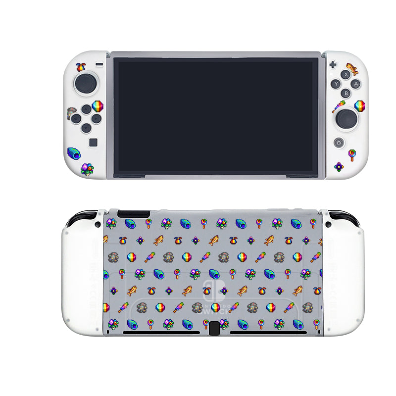 Introducing the Rainbow Stardew Items Case by petimint for your Nintendo Switch – a semi-clear handheld gaming console case with a custom skin featuring vibrant icons like rainbows, unicorns, stars, and potion bottles on both the front and back. The case perfectly complements the white frame of your console while keeping buttons and joysticks visible—a true cozogamer's dream accessory for their Nintendo Switch.