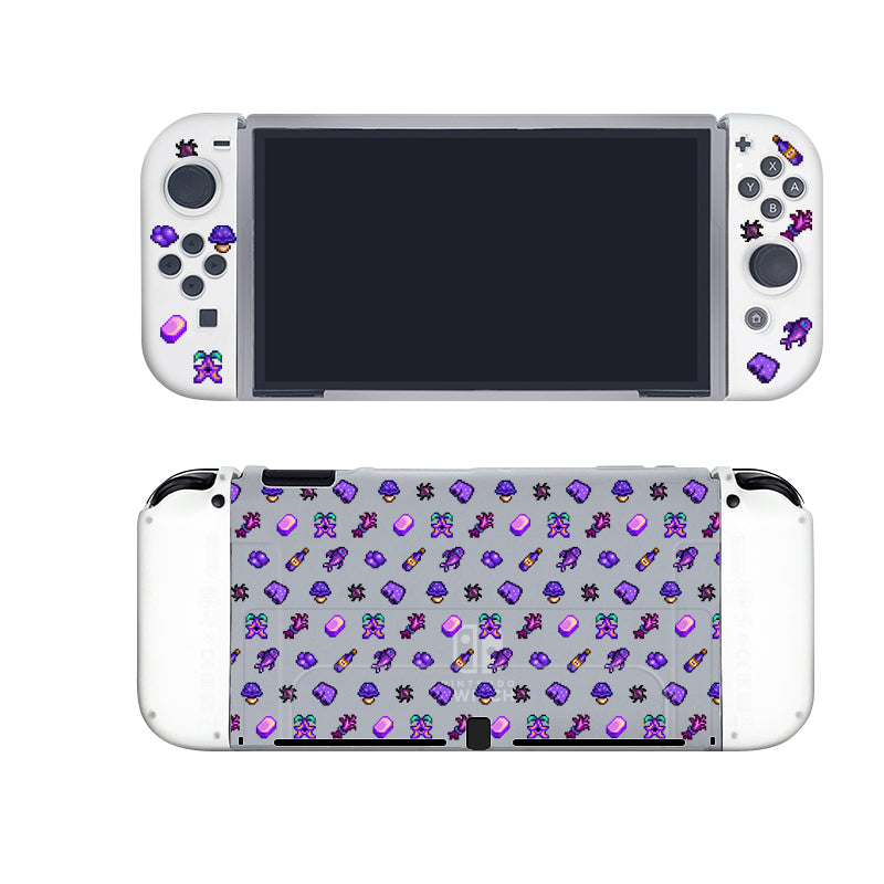 Introducing the Purple Stardew Items Case for Nintendo Switch from petimint, a semi-clear handheld gaming accessory adorned with purple-themed stickers. These delightful decals feature bowties, flowers, gifts, and diamonds. The screen is black while the back of this cozygamer essential is fully enveloped in a repetitive pattern of the charming purple stickers.