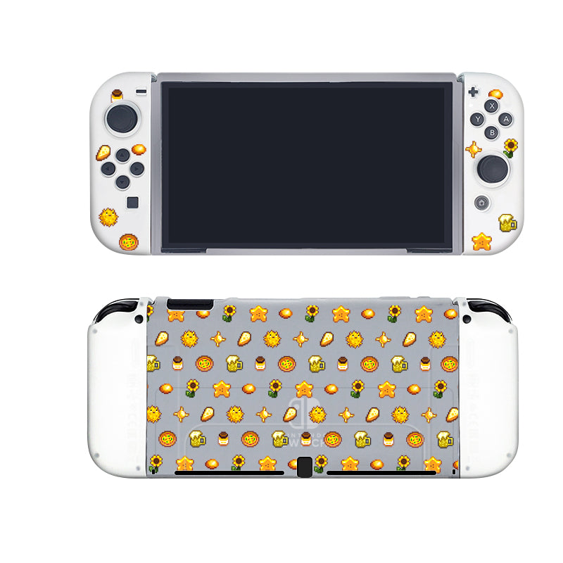Introducing the Yellow Stardew Items Case for Nintendo Switch by petimint—a semi-clear case featuring adorable, detachable controllers adorned with a sunflower-themed pattern. Both the front and back showcase delicate sunflowers, honeycomb, bees, and jars of honey beautifully scattered over a light-colored background. It's perfect for any cozygamer wanting to add a touch of charm to their gaming setup.