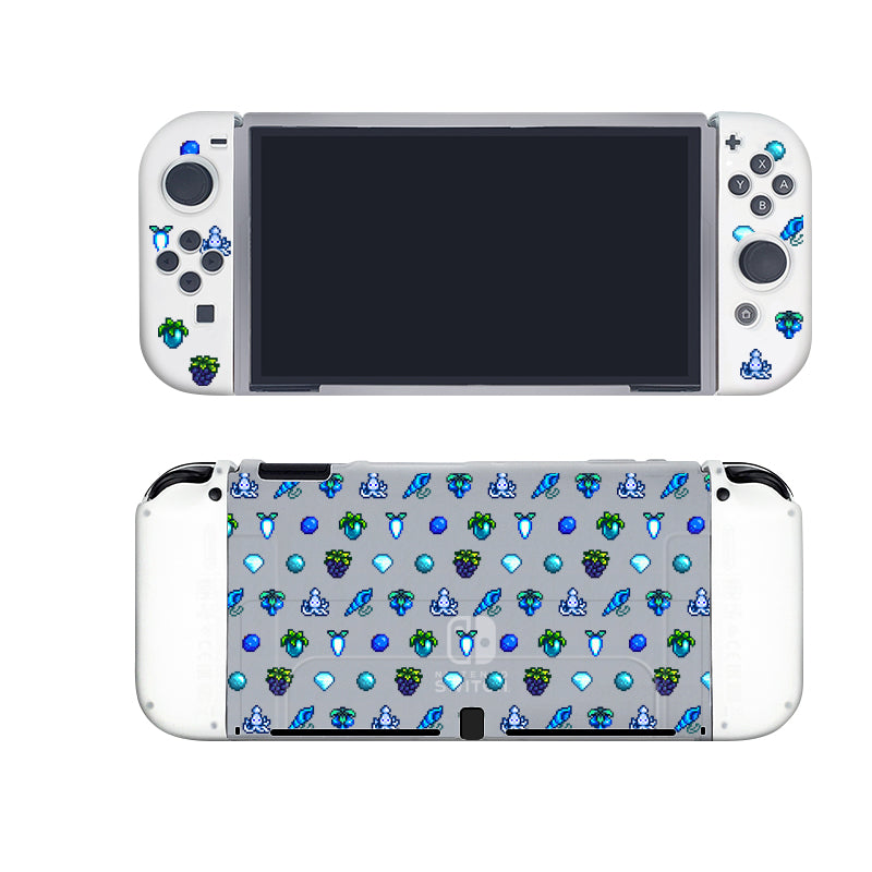 A Nintendo Switch with detachable controllers and a screen is displayed. The console and controllers are white with colorful pixel art designs of characters, items, and icons on both the front and the back. The unit comes with a sleek semi-clear Blue Stardew Items Case by petimint to ensure comfortable gameplay.