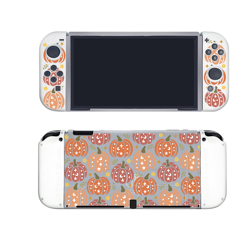 The Pumpkins Case for Nintendo Switch by petimint is a semi-clear handheld gaming console case adorned with a festive design of colorful pumpkins and leaves in orange, red, and green shades against a grey and white background—perfect for the cozygamer.