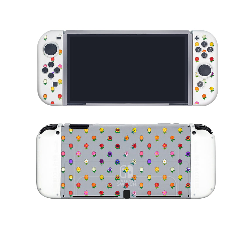 Front and back view of a cozygamer's Nintendo Switch adorned with petimint’s Flower Crossing Case, featuring custom white Joy-Cons and a semi-clear grey backplate, both enhanced with vibrant small flower designs. The screen is turned off, showcasing the button layout, making it a delightful addition to any gaming setup.